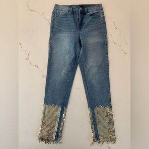 DG2 Diane Gilman Blue Jeans Pull On  Gold Rhinestone Ankle Fringe Size 4 Unworn.